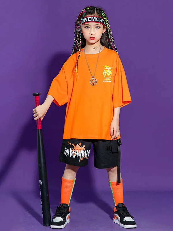 Hip Hop Dance Costumes Kid's Orange Men's Dancer Top Pants Set Hip Hop Polyester Street Dancing Costume